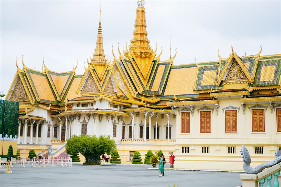 Golden spires of the Royal Palace throne hall in Phnom Penh, Cambodia
