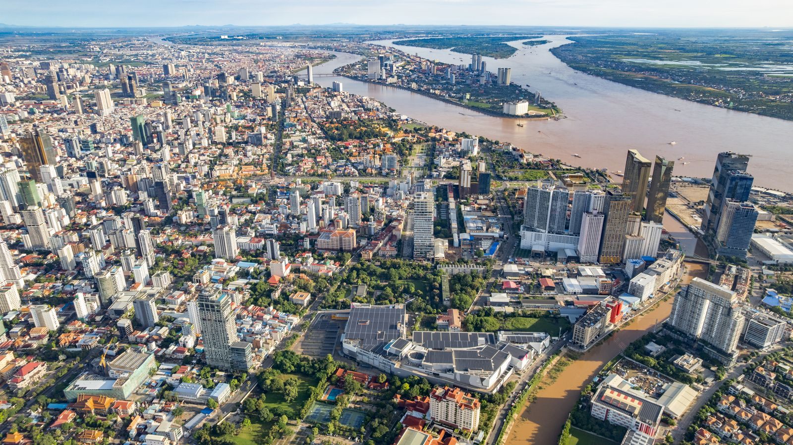 Aerial view of Phnom Penh where the Tonle Sap meets the Mekong, the meeting point every Phnom Penh river cruise passes