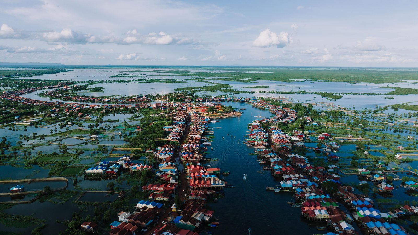 Aerial view of the Kampong Khleang stilt village on flooded Tonle Sap wetlands, seen on a Tonle Sap river cruise in high water