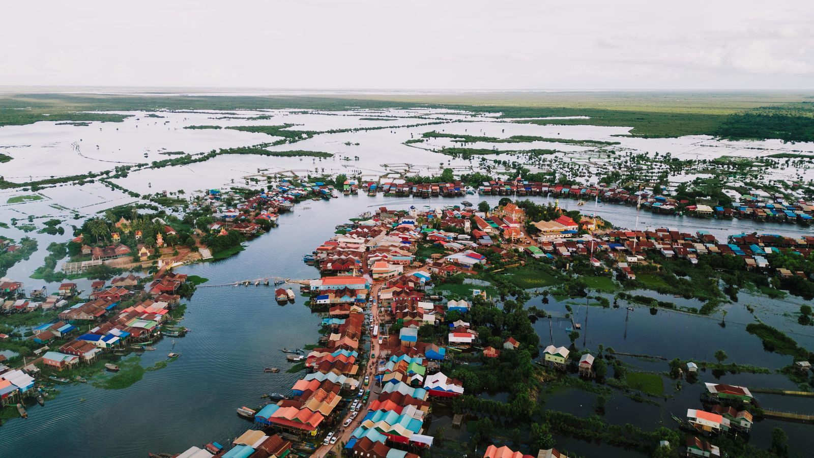 Floodplain around a stilt-house village near the Tonle Sap in Siem Reap province when the water is high